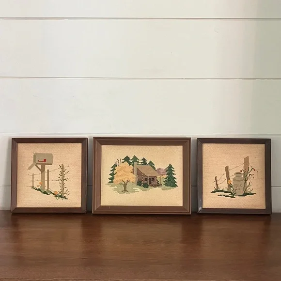 Vintage Framed 3-piece Cross Stitch Needlework - Picture 1 of 4